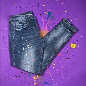 Decibel Mens Blue Jeans Size 36x32 Distressed Paint Splatter Skinny Repair Patch